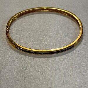 Gold Tone Bangle Bracelet‎ with Blue Rhinestones - Women's Jewelry